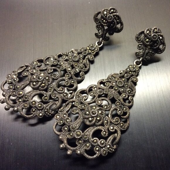 Black Gray Marcasite Dangle Earrings 2.5" x 1", Sterling Silver Drop Earrings - Picture 1 of 3